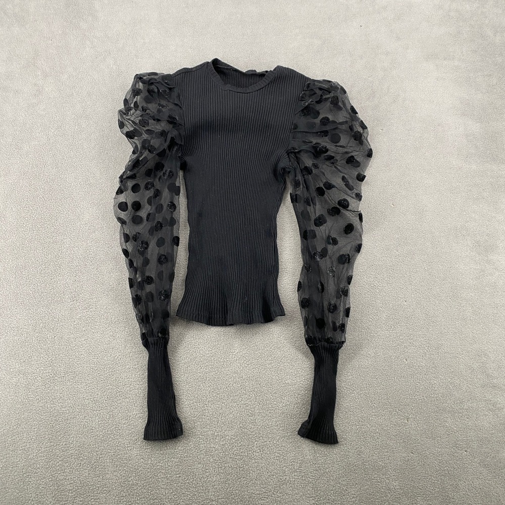 Black Ribbed Knit Puff Sleeve Polka Dot Mesh‎ Blouse Top JIT6283118